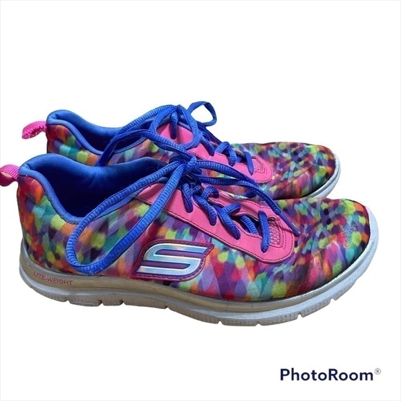 Skechers Sneakers Sz 4 Pink Blue Lace Up Kids Youth - Picture 1 of 11